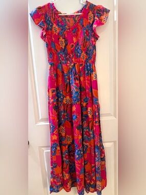 Bright Pink Floral Maxi Dress with Blue & Orange Flowers